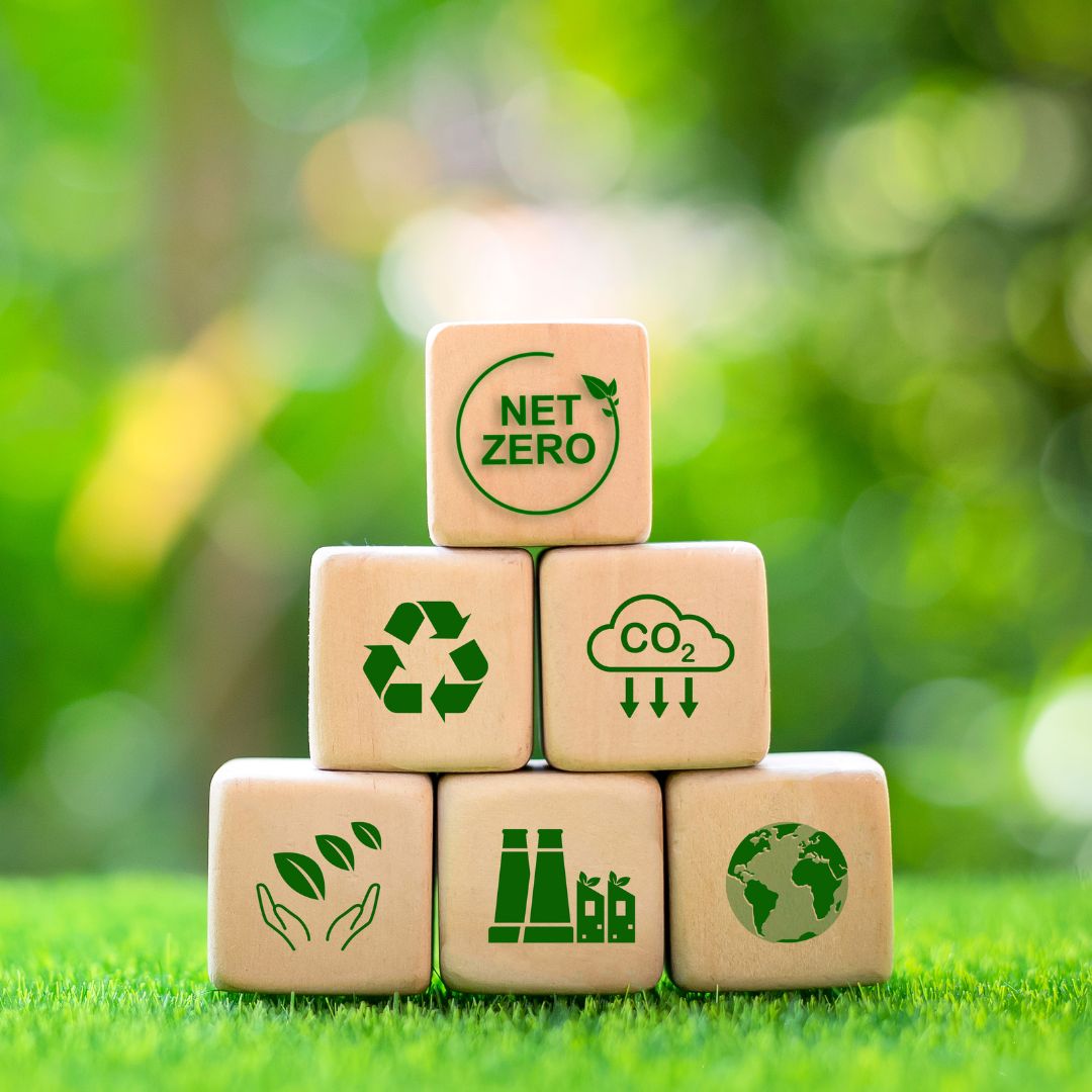 Sustainability building blocks Building blocks showing Net Zero, recycling, CO2 reduction, planet care, industry, and earth conservation concepts