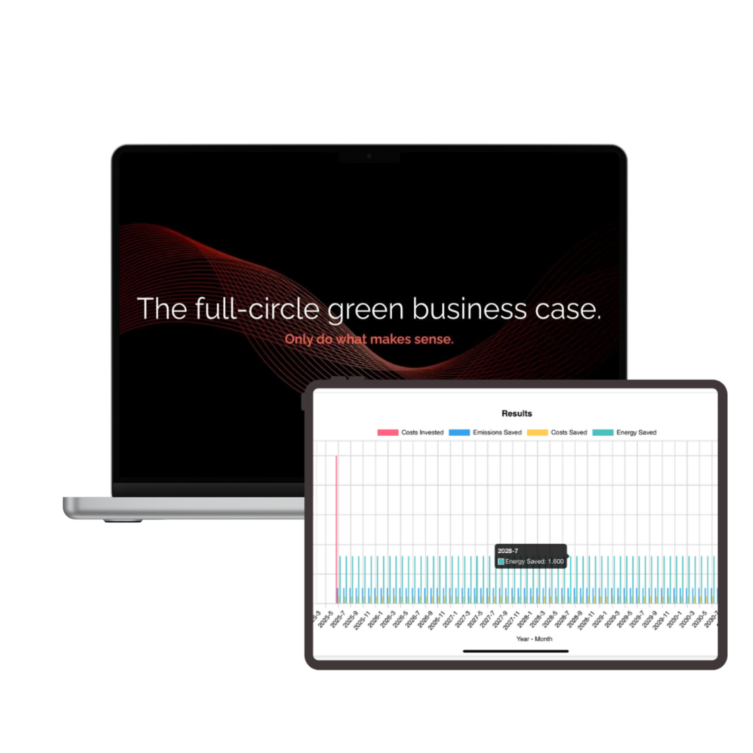 The full-circle green business case platform showing dashboard and results The full-circle green business case platform showing dashboard and results